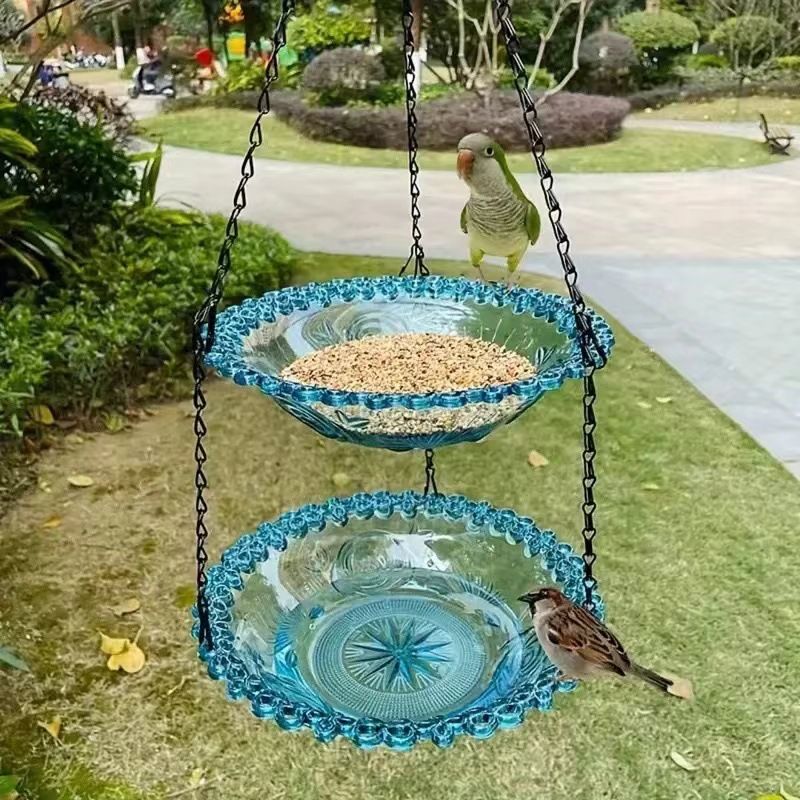 2 Set Blue Elegant Hanging Glass Bird Feeder - Double Tier for Garden Birds