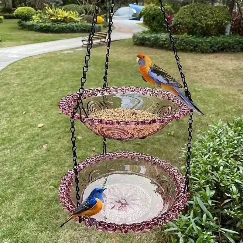 2 Set Purle Elegant Hanging Glass Bird Feeder - Double Tier for Garden Birds