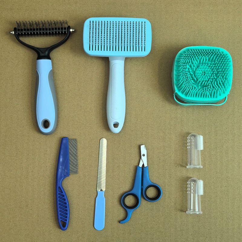 Blue 8-Piece Pet Grooming Tool Set - Brushes, Nail Clippers &amp; More