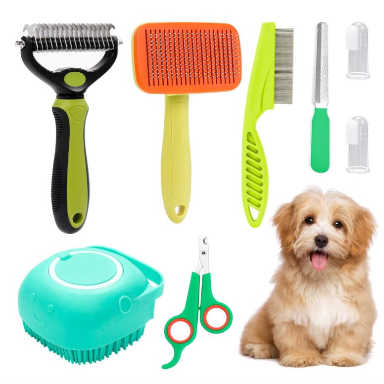 Green 8-Piece Pet Grooming Tool Set - Brushes, Nail Clippers &amp; More