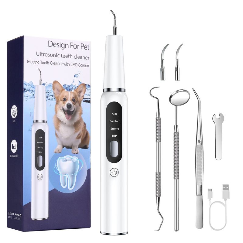 White Professional Pet Dental Cleaning Kit - Ultrasonic Scaler, Tools &amp; 3 Modes