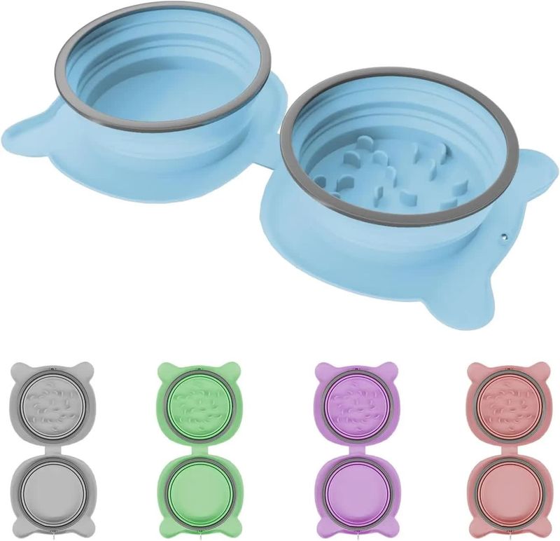 Blue Portable Collapsible Pet Bowl Set - Food-Grade Silicone Double Bowl for Dogs &amp; Cats, Anti-Slip &amp; Easy to Clean