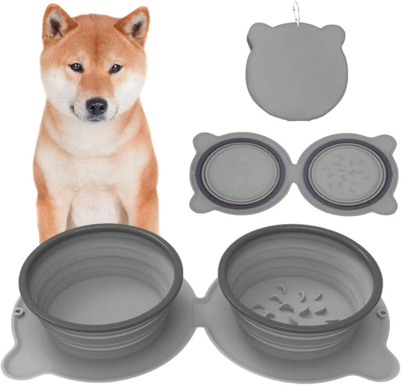 Grey Portable Collapsible Pet Bowl Set - Food-Grade Silicone Double Bowl for Dogs &amp; Cats, Anti-Slip &amp; Easy to Clean