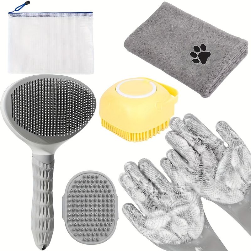 Grey 6-Piece Dog Grooming Bath Set - Absorbent Microfiber Towels &amp; Wash Mitts for Shiny Coats