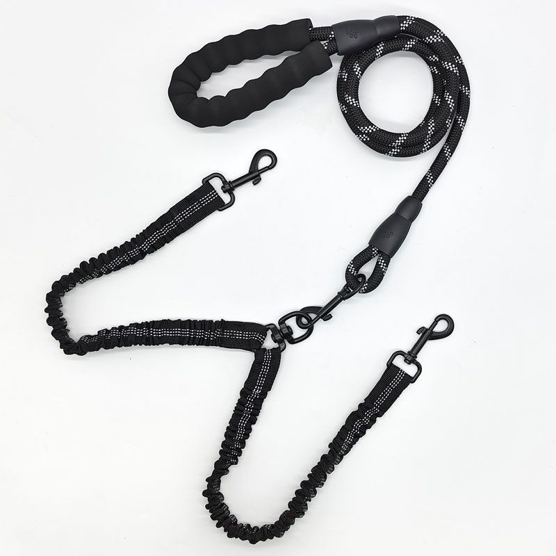 Black Pet Double-Ended Rope + 1.5M Leash - Easy to walk two dogs, tangle-free design