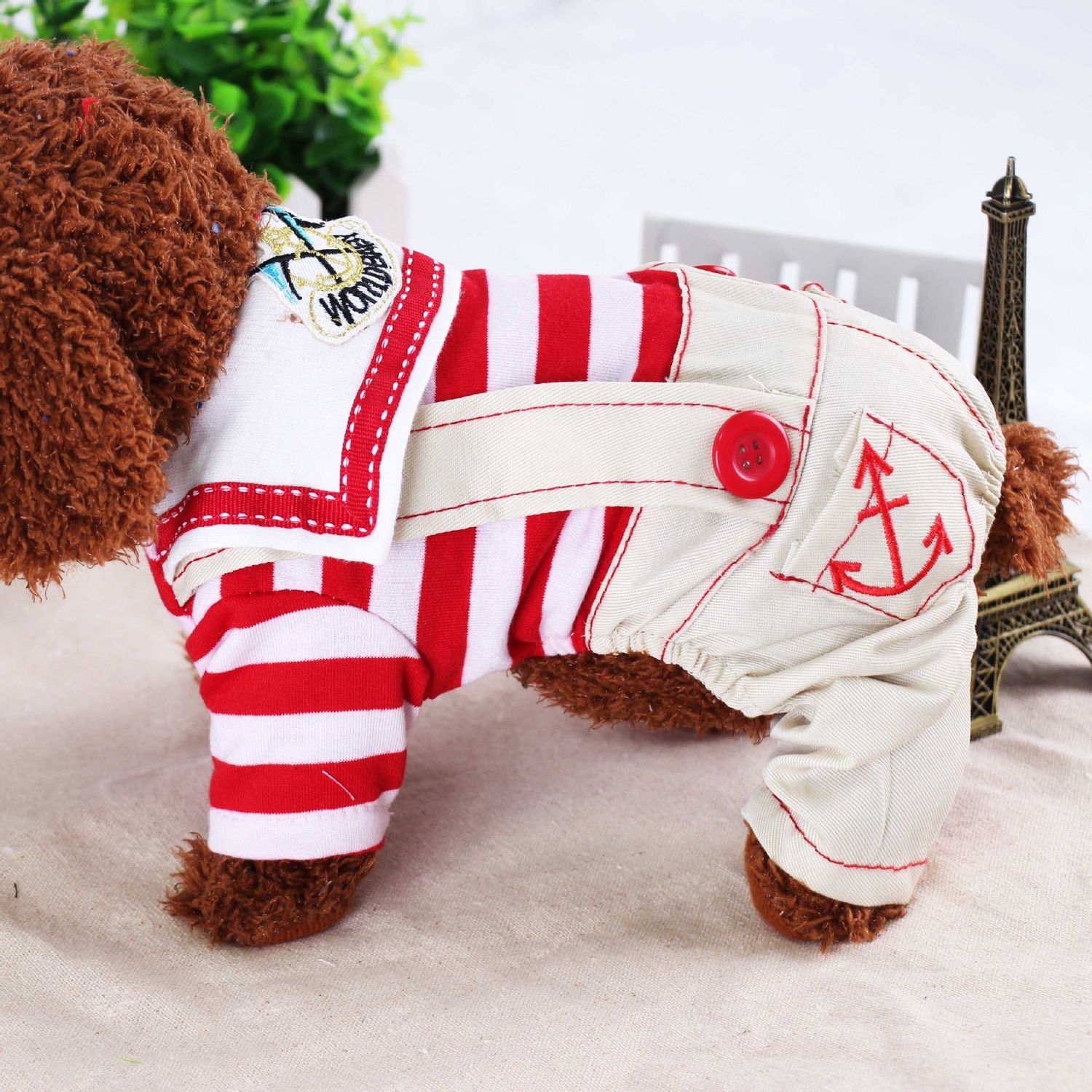 Red Cute Sailor Dog Outfit - Striped Shirt &amp; Anchor Overalls for Small Dogs (Size : M )