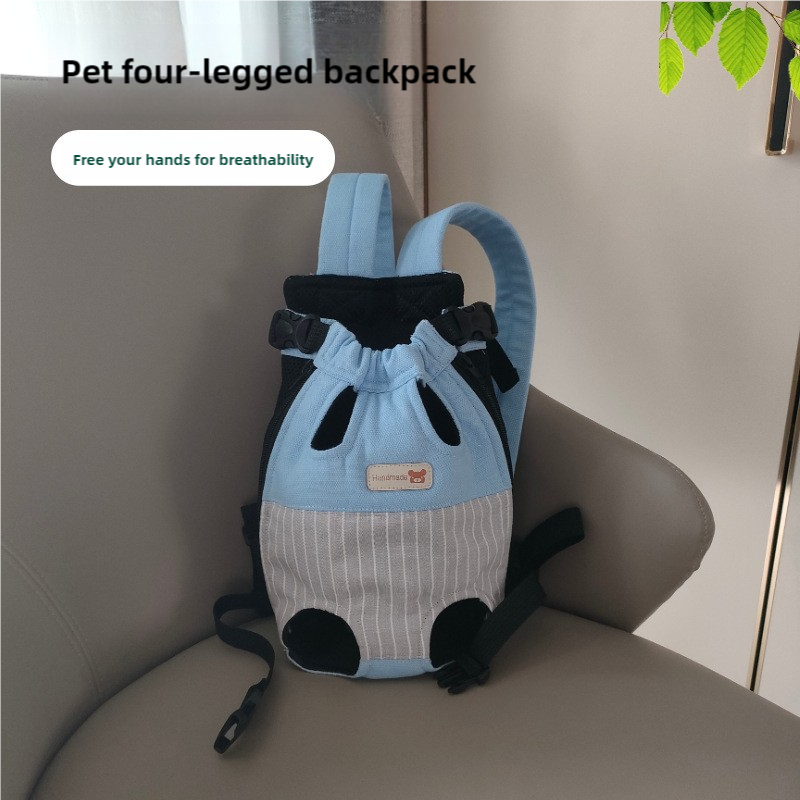 Size L Blue-Gray Patchwork Pet Backpack Dog Carrier Cat Travel Bag - Breathable, Portable &amp; Hands-Free Four-Leg Design