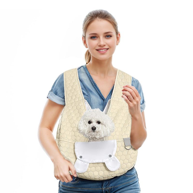 Khaki Hands-Free Quilted Pet Carrier Sling - Soft &amp; Comfortable Front Pack for Small Dogs and Cats