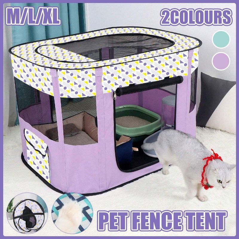Foldable Cat Dog Kennel Pet Delivery Cage Portable Pet Fence Tent - Purple-L
