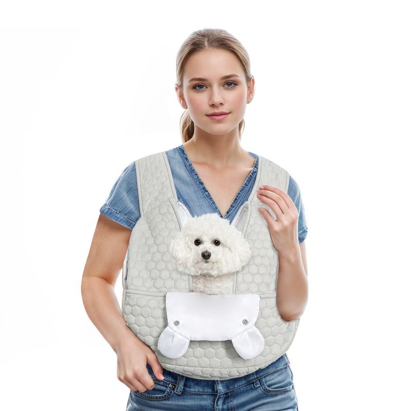 Grey Hands-Free Quilted Pet Carrier Sling - Soft &amp; Comfortable Front Pack for Small Dogs and Cats