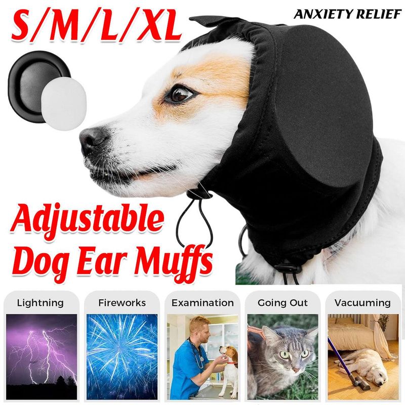 Black Adjustable Dog Ear Muffs Noise Reducing Pet Headwrap Protective Ear Cover - M