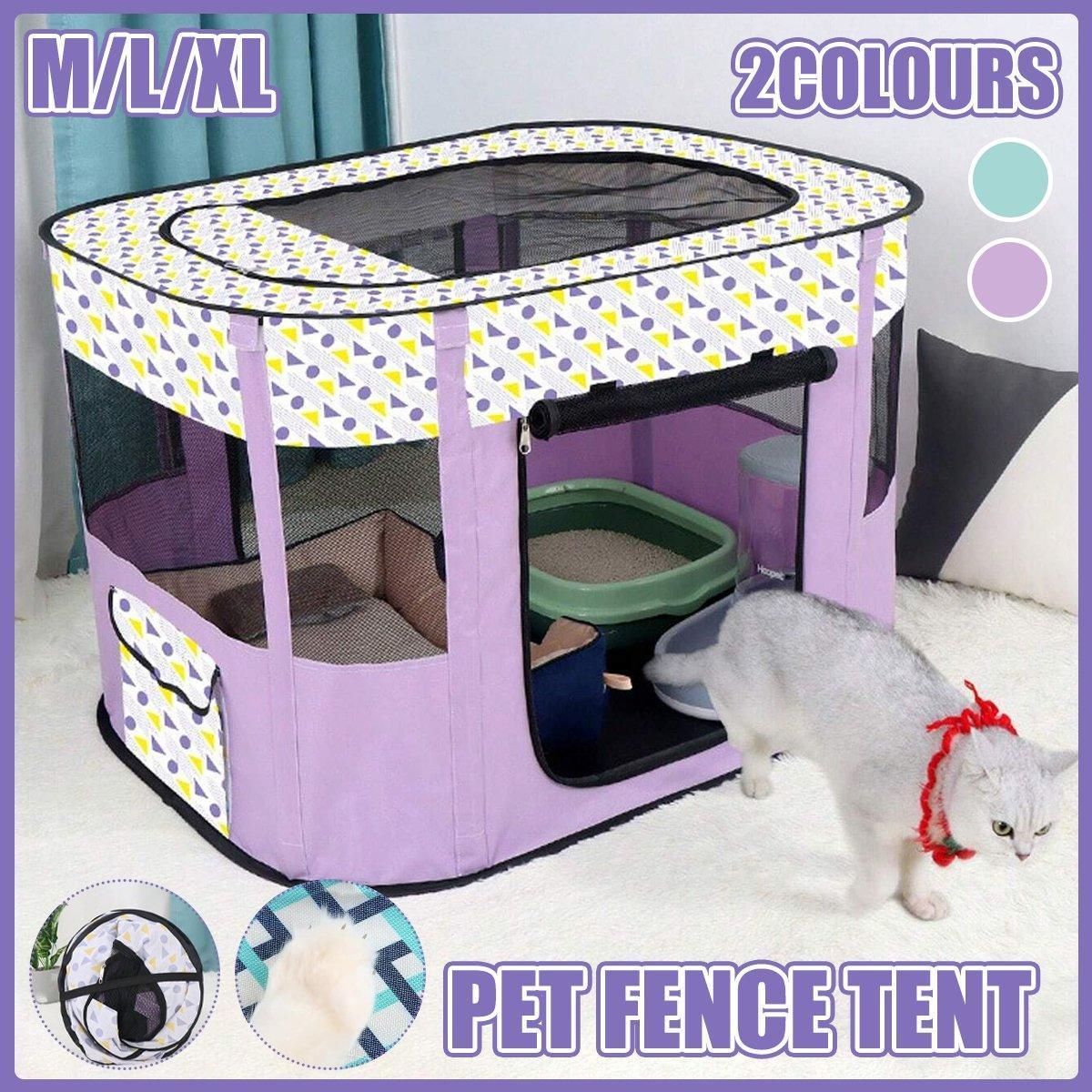 Foldable Cat Dog Kennel Pet Delivery Cage Portable Pet Fence Tent - Cyan-M