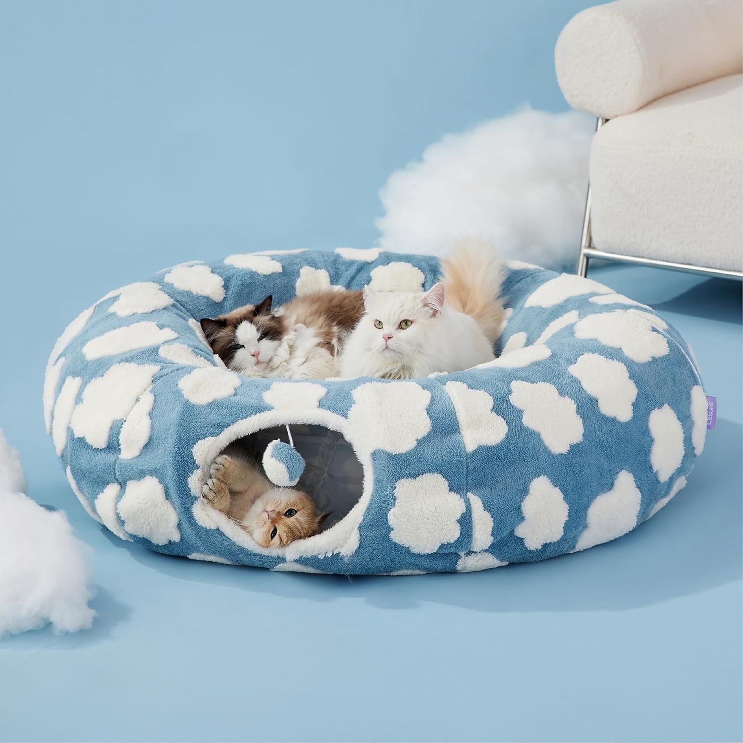 2-in-1 Cat Tunnel Bed Blue Daisy 80cm - Plush Donut Pet Cave &amp; Play Tube - Detachable Washable Cushion &amp; Interactive Hanging Toy for Indoor Cats