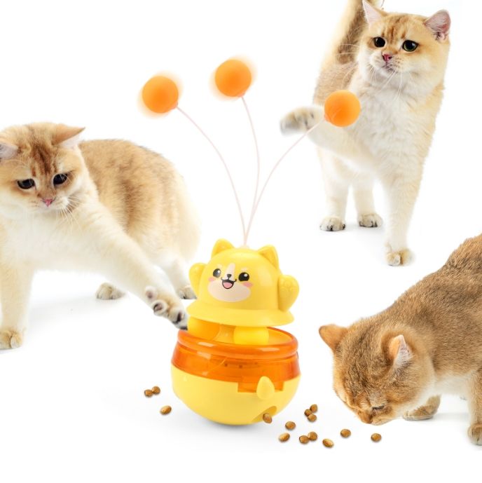 2-Piece Yellow Interactive Cat Tumbler Toy - 3-in-1 Treat Dispensing Puzzle Feeder with Ball Track &amp; Teaser Wand