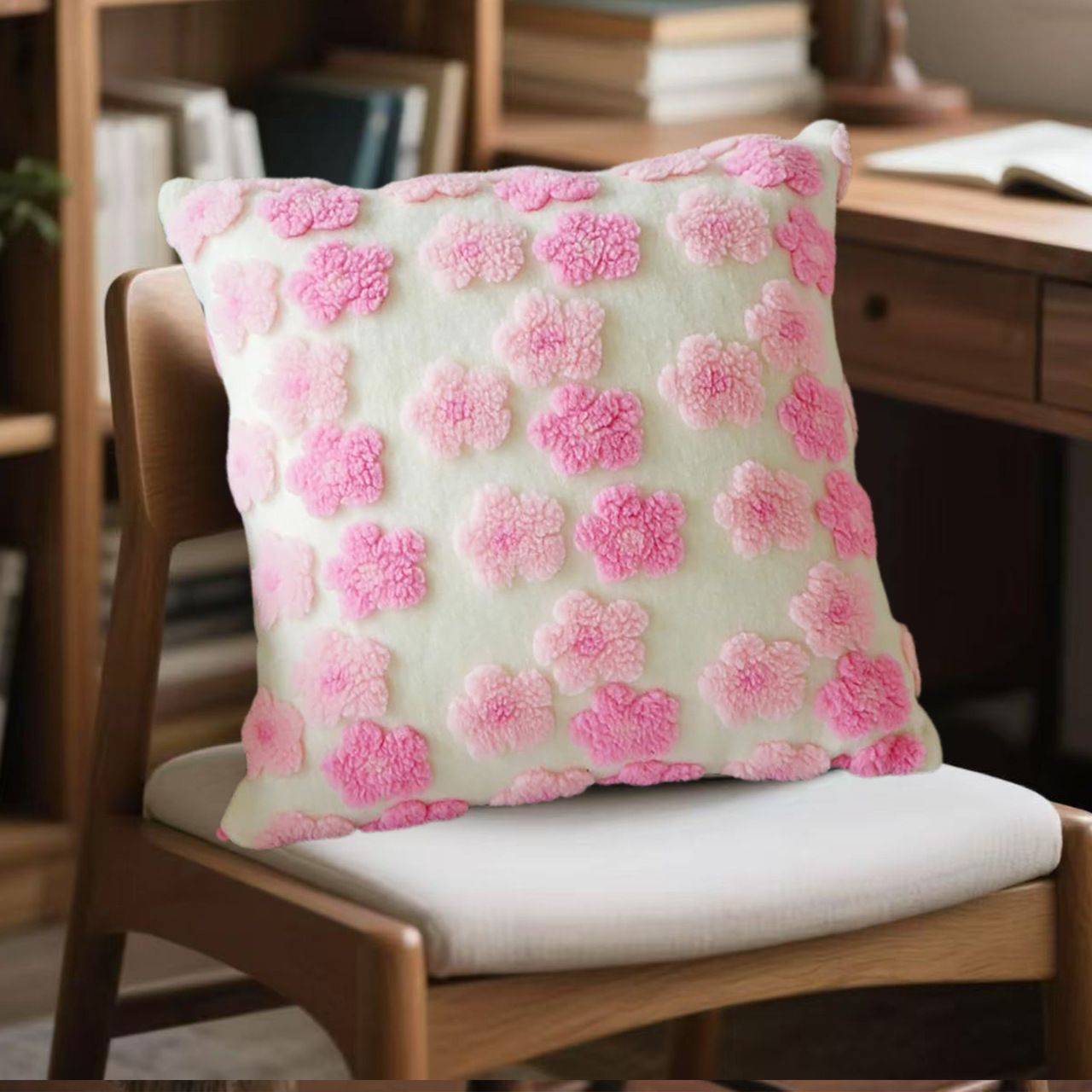 Pink Charming 3D Floral Plush Cushion Covers - Set of 4, 45x45cm Soft Faux Lambswool Pillowcases for Sofa &amp; Bed Decor