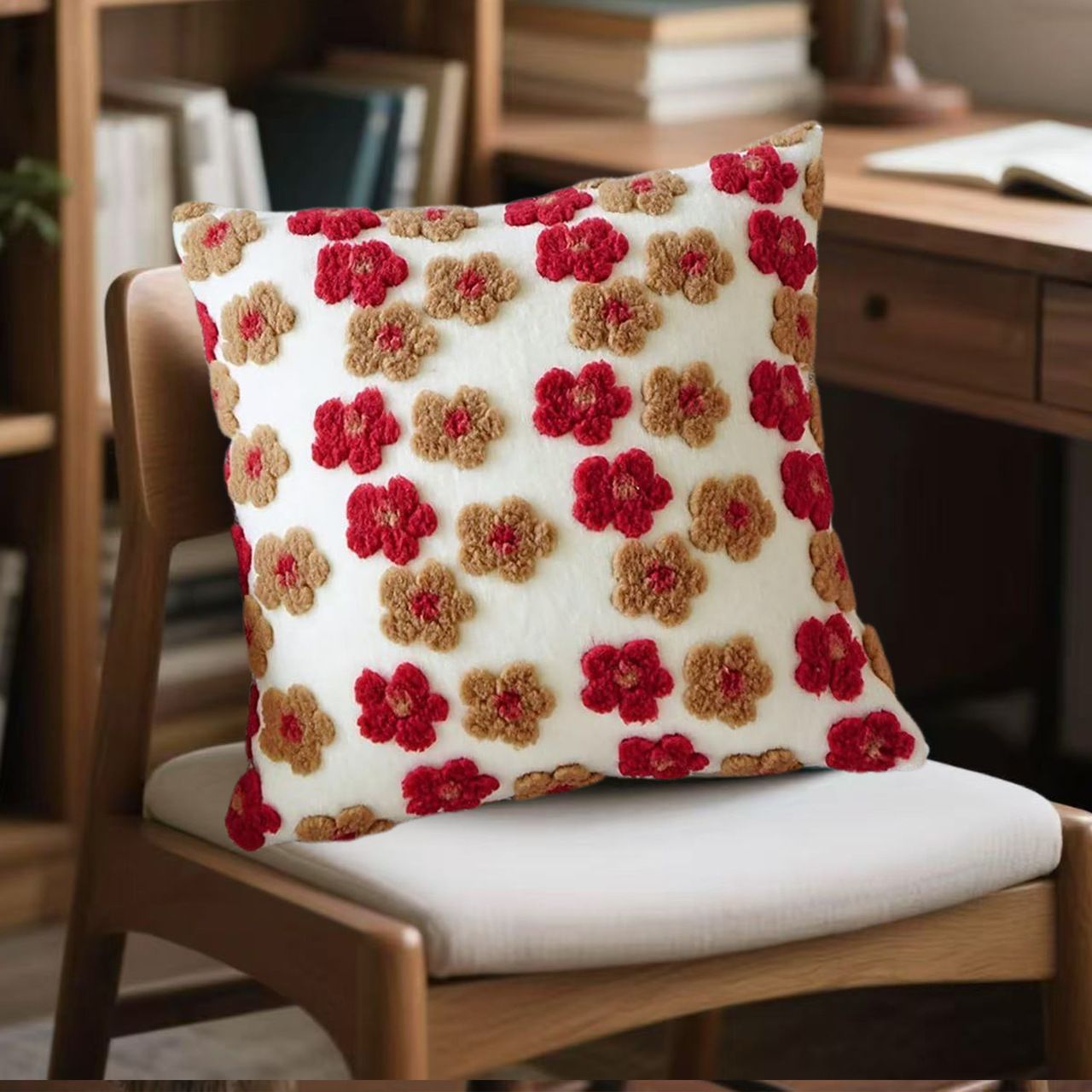 Red and Brown Charming 3D Floral Plush Cushion Covers - Set of 4, 45x45cm Soft Faux Lambswool Pillowcases for Sofa &amp; Bed Decor