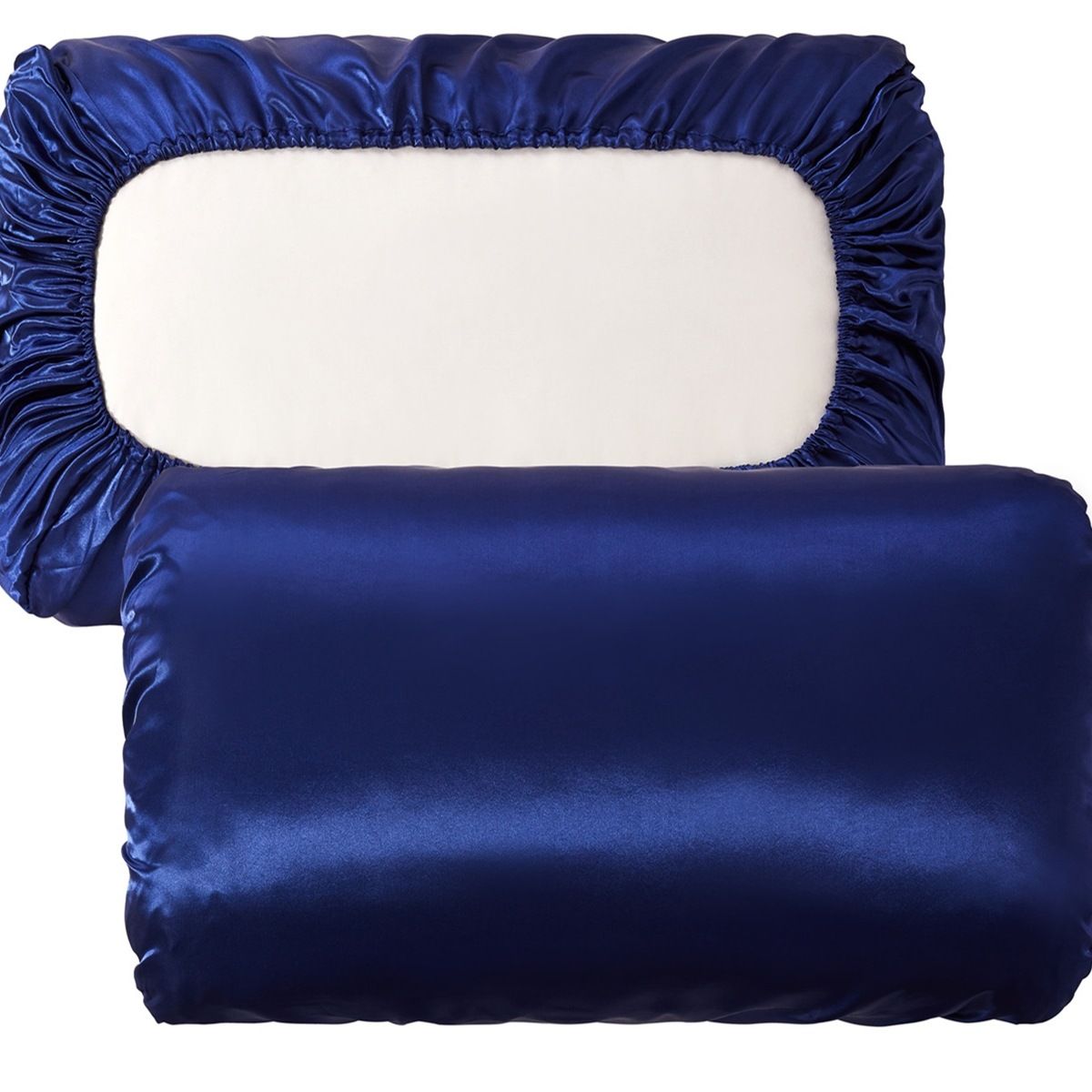 Navy blue Silky Satin Pillowcase Pair - Smooth for Hair &amp; Skin, Elastic Fitted (46x70+16cm)