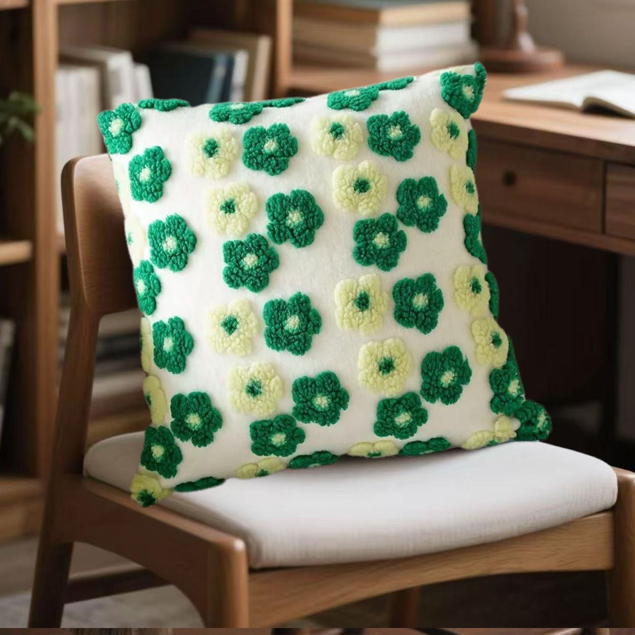 Green and Yellow Charming 3D Floral Plush Cushion Covers - Set of 4, 45x45cm Soft Faux Lambswool Pillowcases for Sofa &amp; Bed Decor