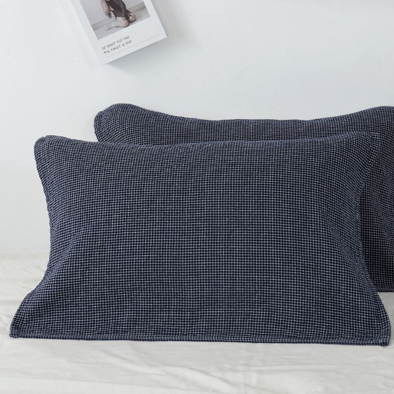 Dark Blue Breathable 4-Layer Cotton Gauze Pillow Towel Pair - Japanese Style Grid (52x75cm)