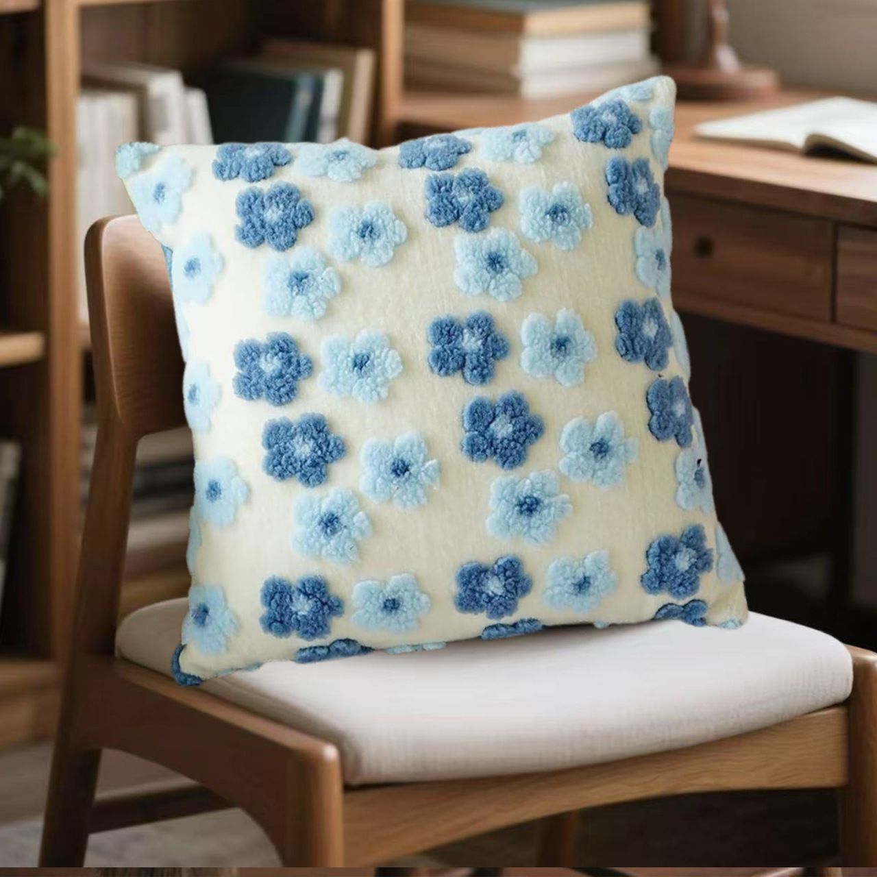 Blue Charming 3D Floral Plush Cushion Covers - Set of 4, 45x45cm Soft Faux Lambswool Pillowcases for Sofa &amp; Bed Decor