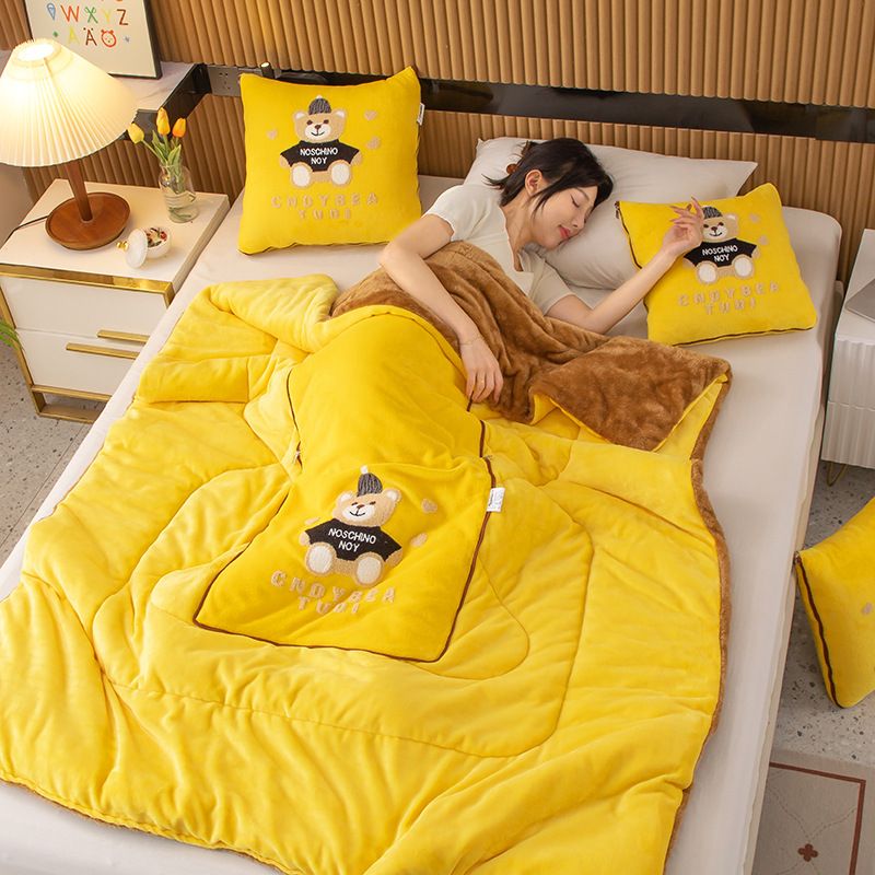 Yellow Padded Thickened Hat Bear 2-in-1 Foldable Car Pillow Blanket - Cozy 40x40cm Pillow, Unfolds to 100x150cm Blanket for Travel and Office Naps