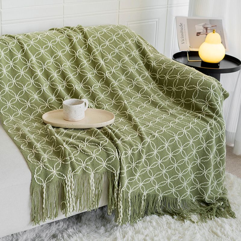 Dark Green Cozy Geometric Knitted Throw Blanket with Tassels - Soft Acrylic Decorative Sofa &amp; Bed Cover, 130x180cm