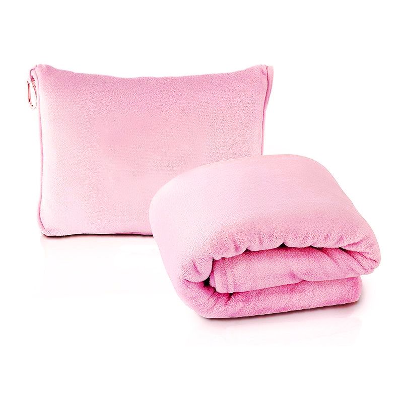 Pink 2-in-1 Plush Travel Blanket &amp; Pillow Set - Soft Flannel with Luggage Strap &amp; Carabiner (50x60in)