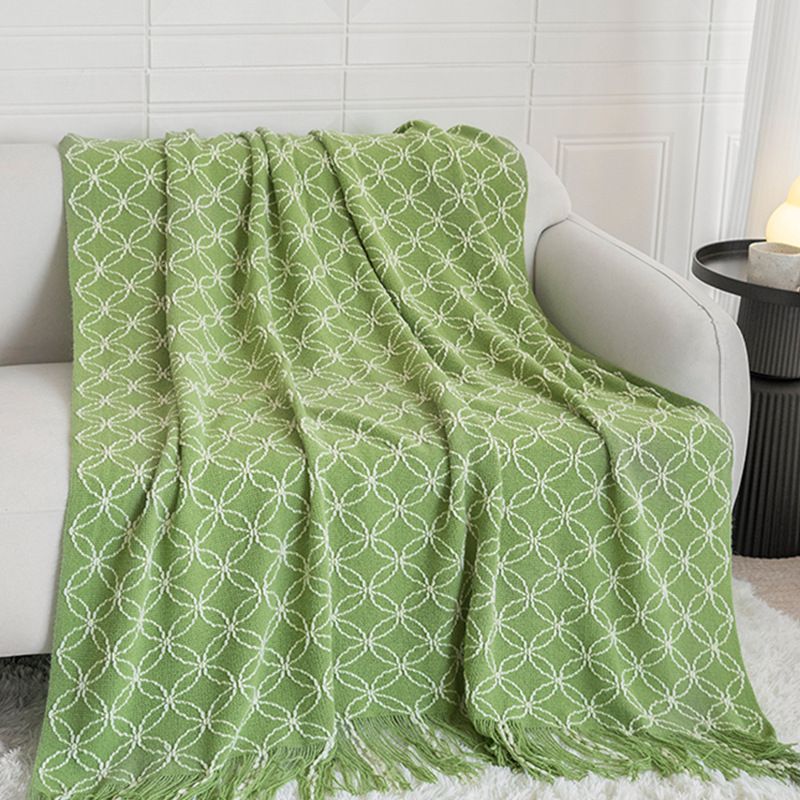 Light Green Cozy Geometric Knitted Throw Blanket with Tassels - Soft Acrylic Decorative Sofa &amp; Bed Cover, 130x180cm