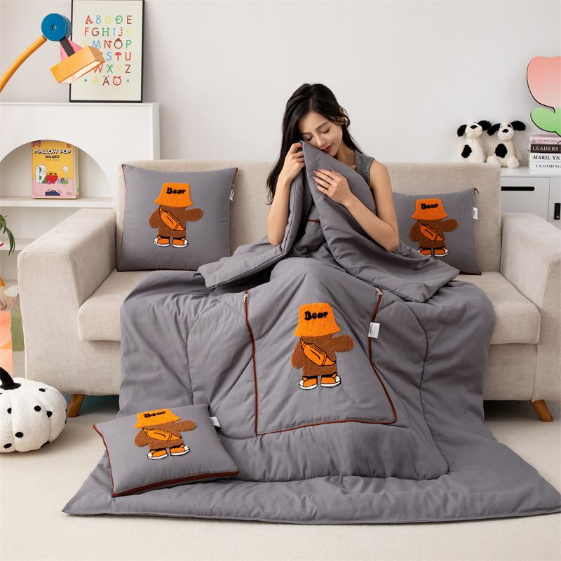 Grey Fashion Bear 2-in-1 Foldable Car Pillow Blanket - Cozy 40x40cm Pillow, Unfolds to 100x150cm Blanket for Travel and Office Naps