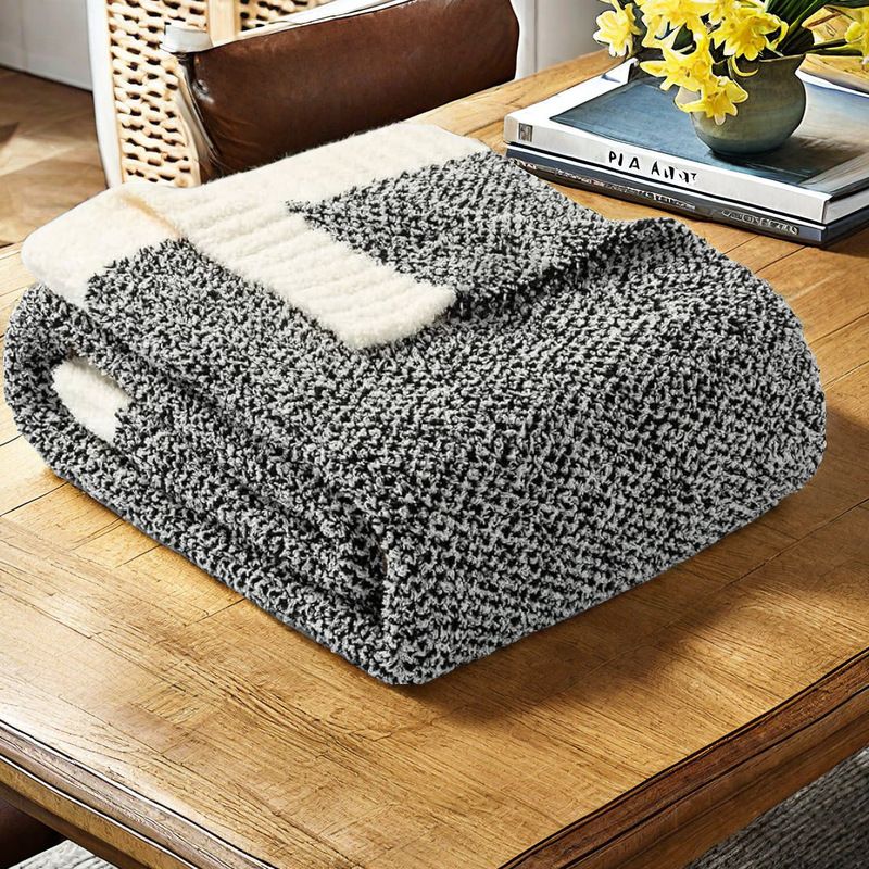 Black and White Plush Chenille-Knit Throw Blanket - Soft Cozy Polyester for Bed &amp; Sofa | Textured Two-Tone Design (127x153cm)