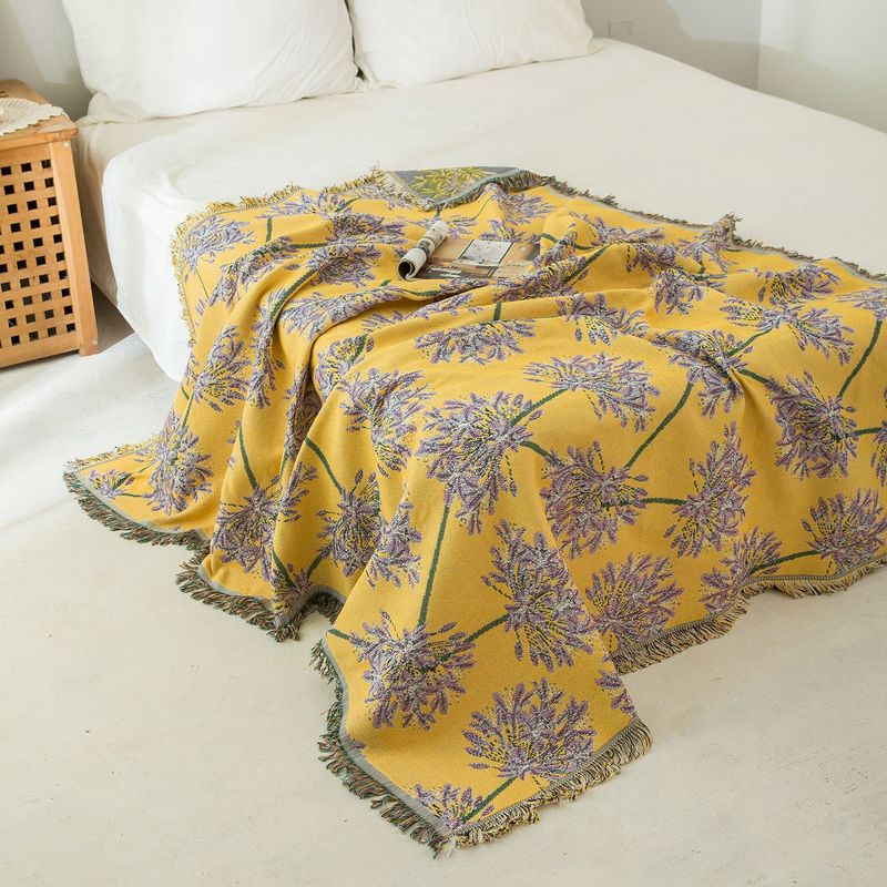 Yellow &amp; Purple  Floral Woven Throw Blanket -  Chic Botanical Print with Tassels, Cotton Blend Sofa &amp; Bed Cover