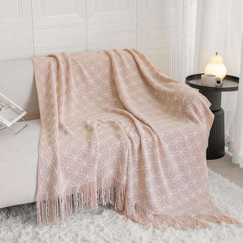 Pink Cozy Geometric Knitted Throw Blanket with Tassels - Soft Acrylic Decorative Sofa &amp; Bed Cover, 130x180cm
