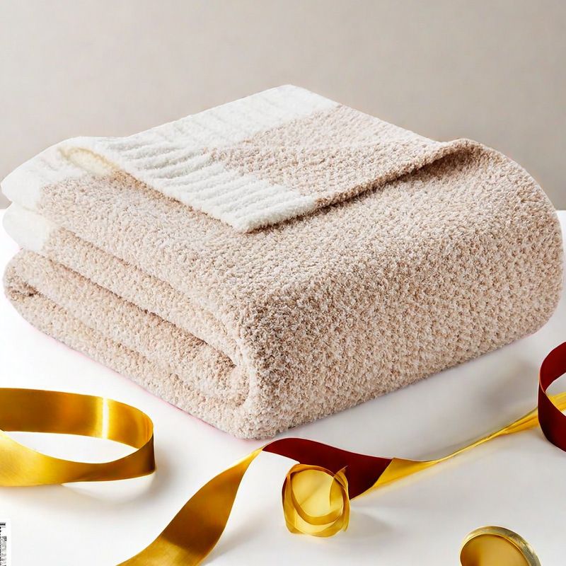 Pink and White Plush Chenille-Knit Throw Blanket - Soft Cozy Polyester for Bed &amp; Sofa | Textured Two-Tone Design (127x153cm)