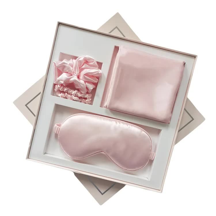 Pink Luxury Faux Silk Sleep Gift Set - 4-Piece Eye Mask, Pillowcase &amp; Scrunchies for Relaxation &amp; Comfort