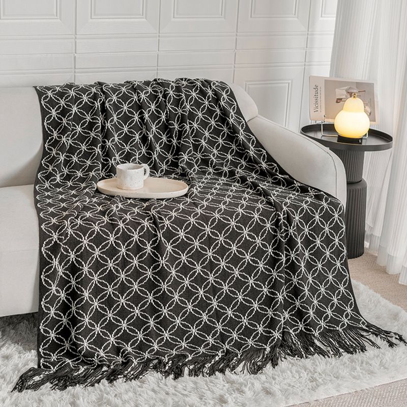 Black Cozy Geometric Knitted Throw Blanket with Tassels - Soft Acrylic Decorative Sofa &amp; Bed Cover, 130x180cm