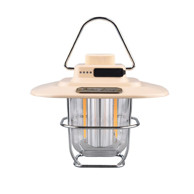 Beige Vintage LED Camping Lantern - Rechargeable, Stepless Dimming, Power Bank