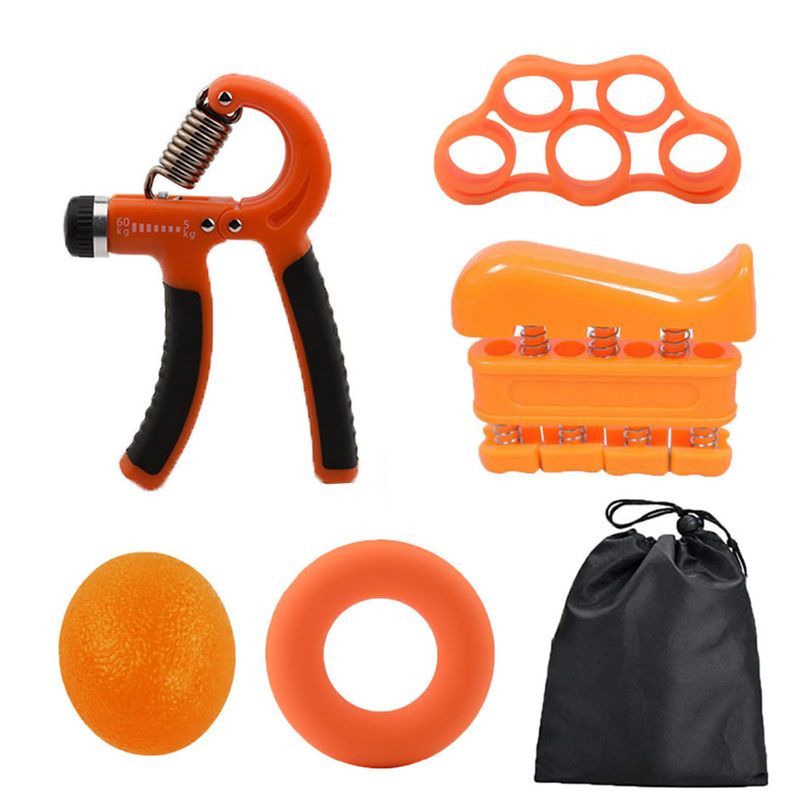 Orange 5-Piece Hand Grip Strength Training Set - Adjustable Grip Exerciser, Silicone Grip Rings &amp; Grip Ball