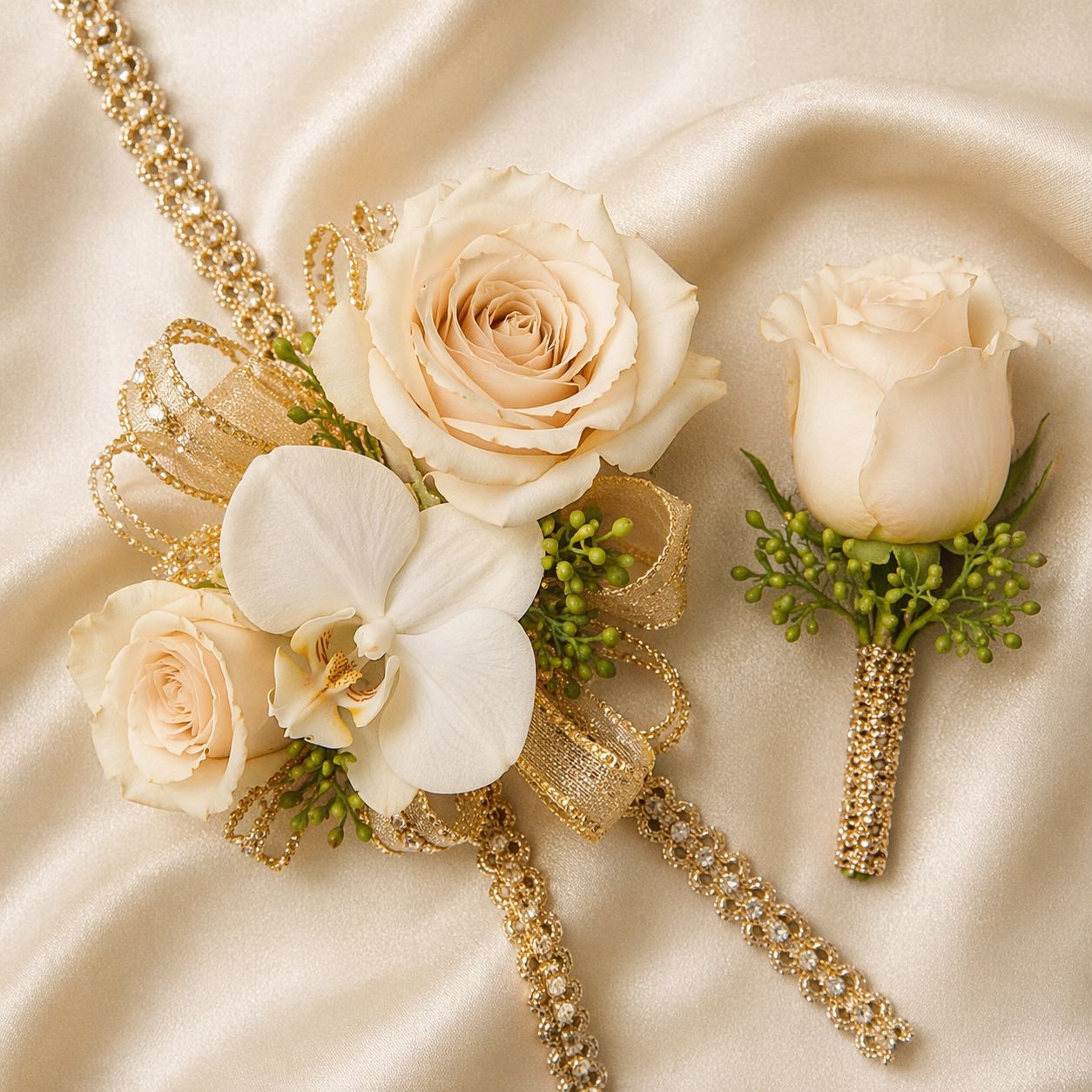 Luxury Rose &amp; Orchid Graduation Corsage and Boutonniere Set