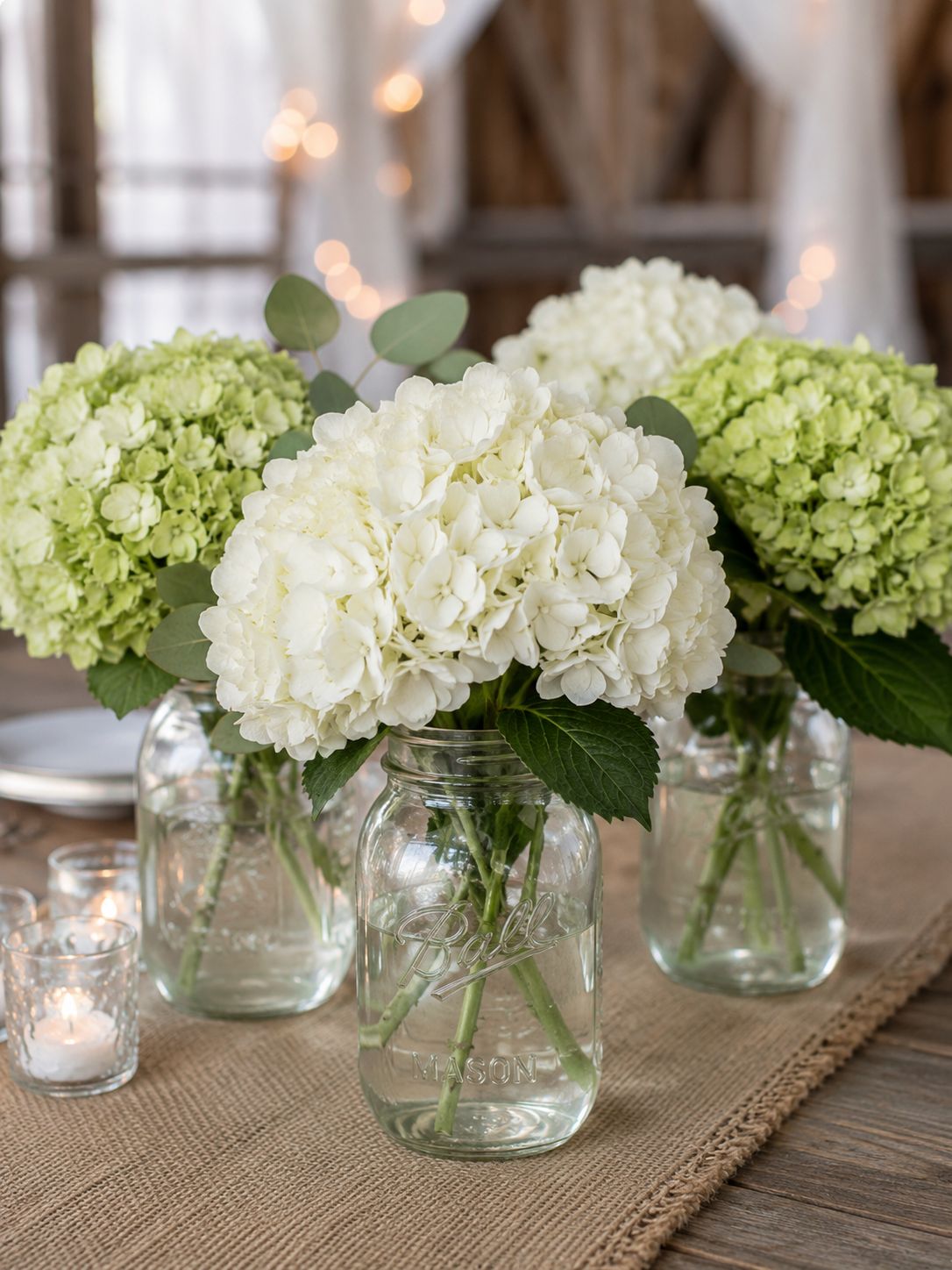 Hydrangeas in mason jars