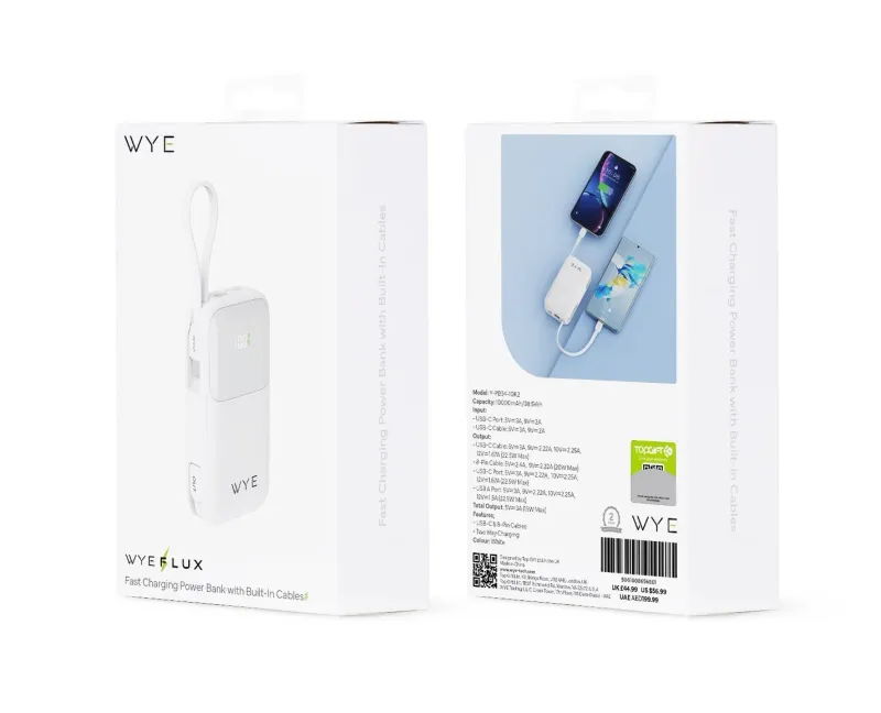 Wyeflux Fast Charging Power Bank With Built-In Cables 10K Mah - White