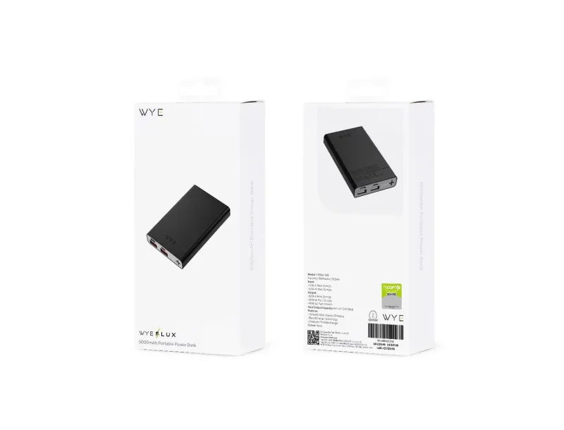 Wyeflux 5000Mah Portable Power Bank With Usb-C Cable - Black