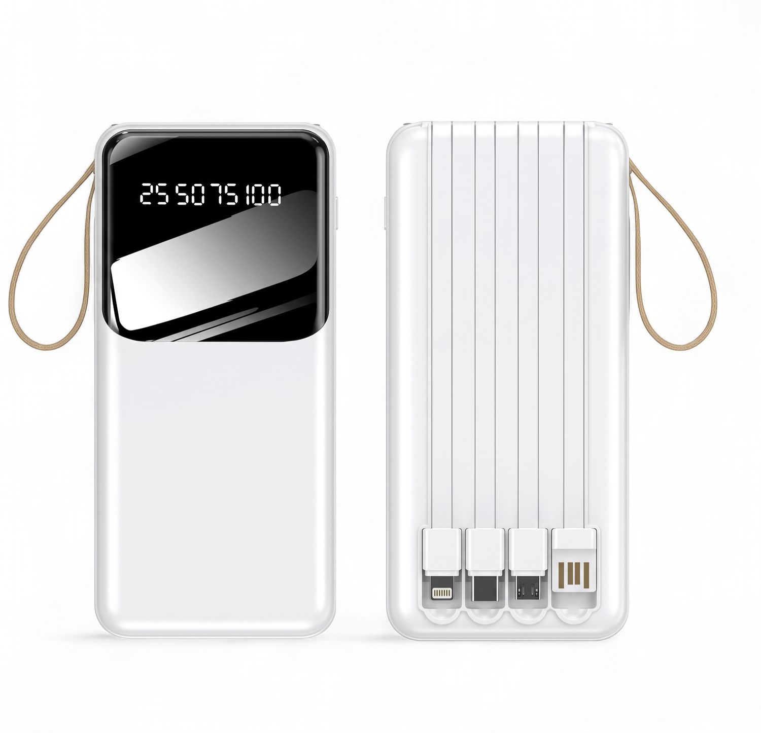 Wyeflux 10000Mah Portable Power Bank With Built-In Cables And Led Lights- White