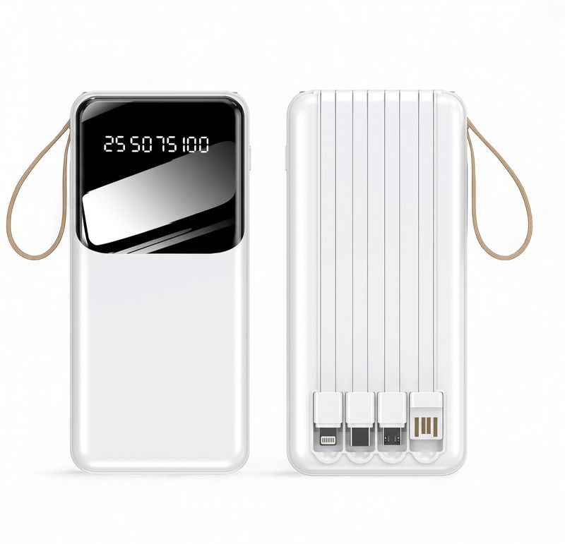 Wyeflux 10000Mah Portable Power Bank With Built-In Cables And Led Lights- White