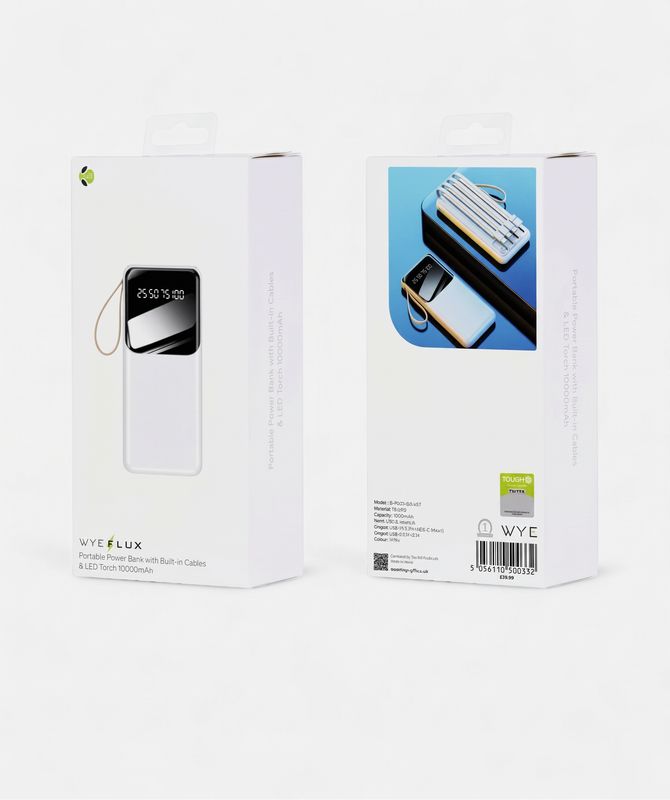 Wyeflux 10000Mah Portable Power Bank With Built-In Cables And Led Lights- White