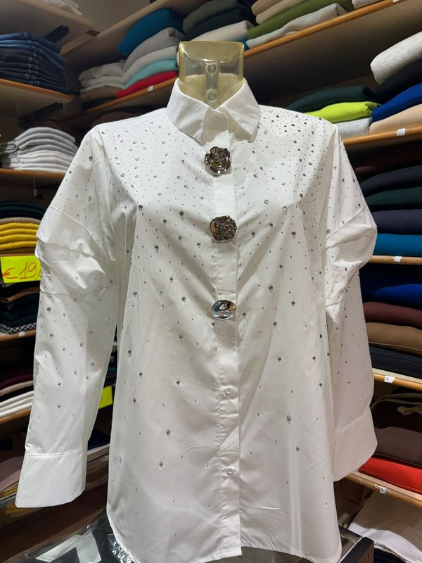 CAMICIA IN COTONE CON STRASS ARGENTO E BOTTONI GIOIELLO - BRILLANTE RAFFINATA