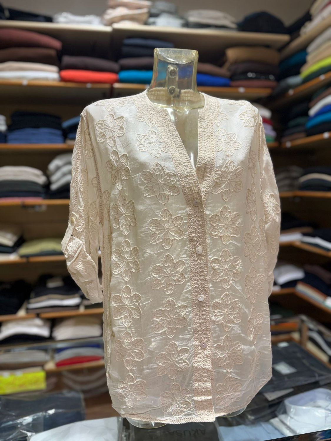 CAMICIA COREANA IN COTONE RICAMATA