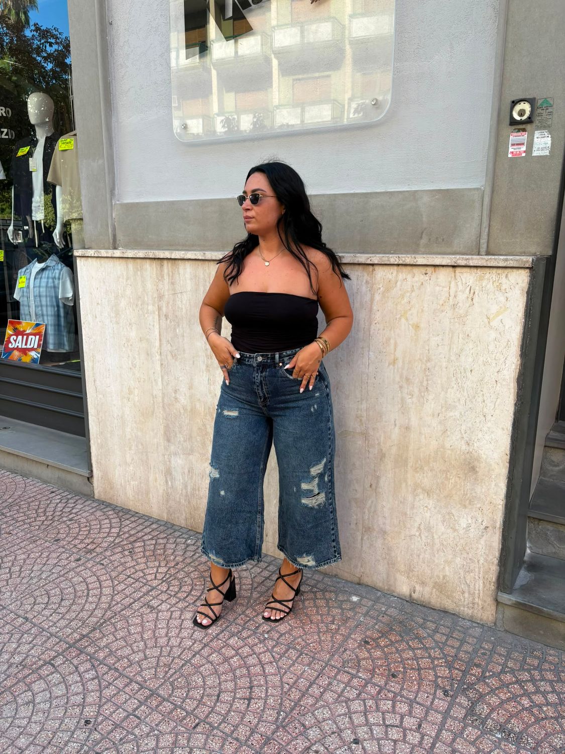 BERMUDA LUNGA IN DENIM DESTROYED
