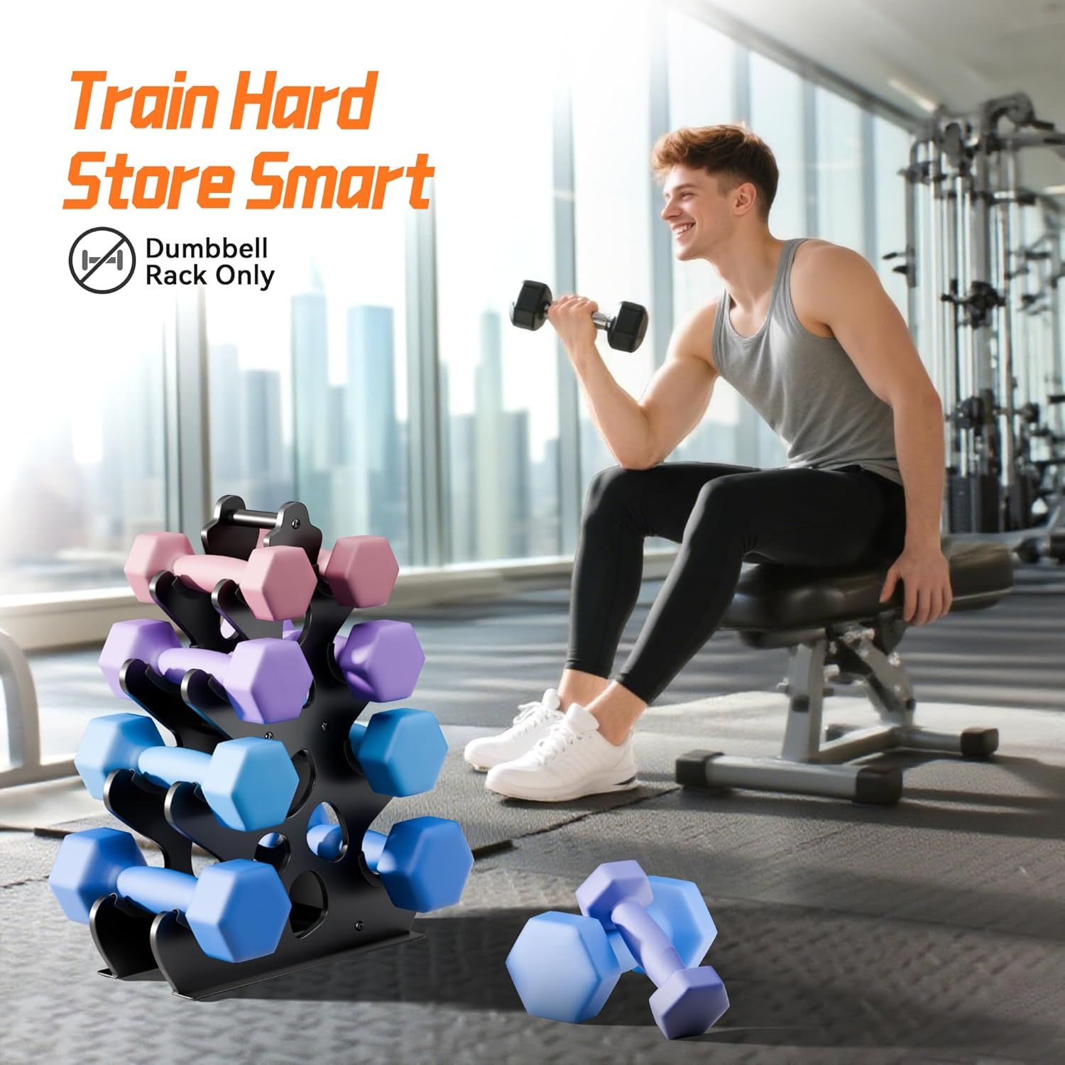 Dumbbell Rack Stand (Dumbbells Not Included) with Soft Rubber Protection, Ergonomic Handle &amp; Coral-Inspired Style