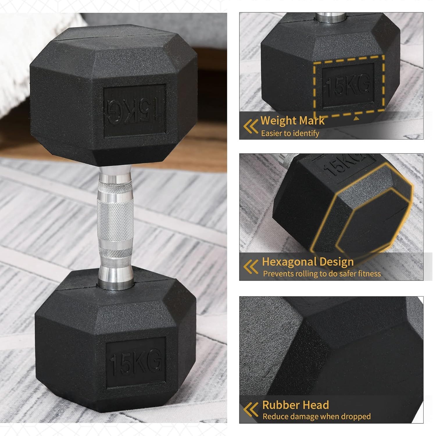 HOMCOM 12.5KG/15KG/17.5KG/20KG Single Rubber Hex Dumbbell Portable Hand Weights Dumbbell for Home Gym Workout Fitness