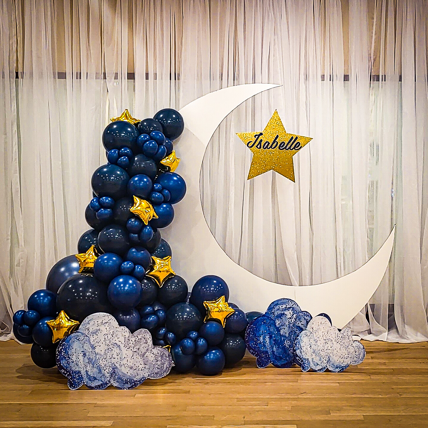 Wood Moon Backdrop RENTAL w/Balloon Garland - Designer